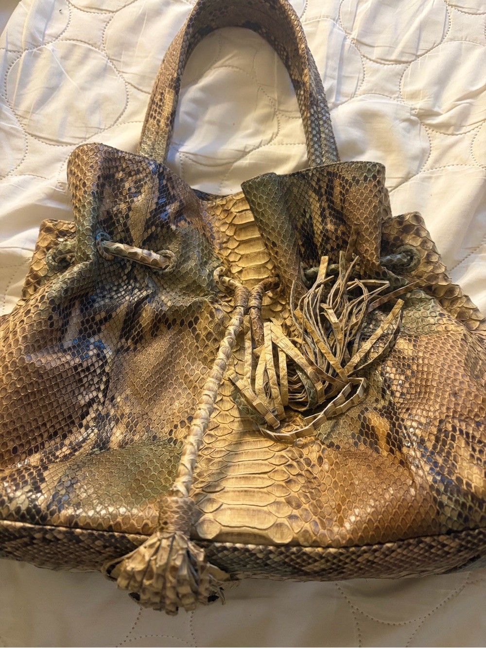 Python-Pattern Drawstring Tote Bag in Tan